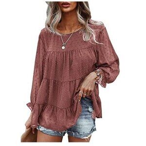 Pretty Garden Women's Swiss Dot Chiffon Ruffled-Sleeve Casual Blouse Pink Medium